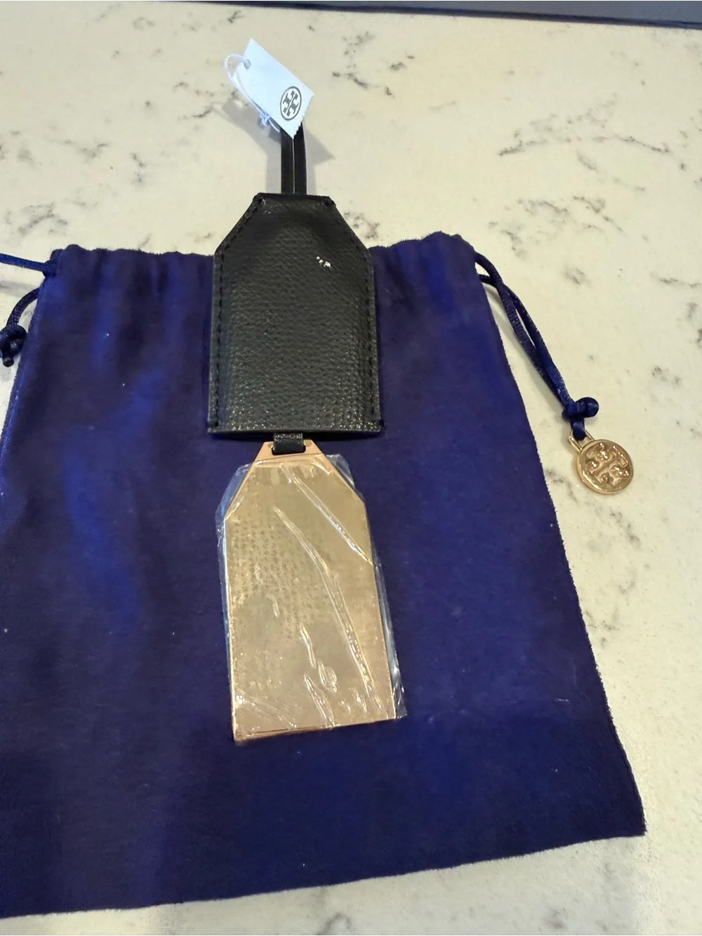 Tory Burch Black Pebbled Leather Tag with Gold-Tone Logo Plate